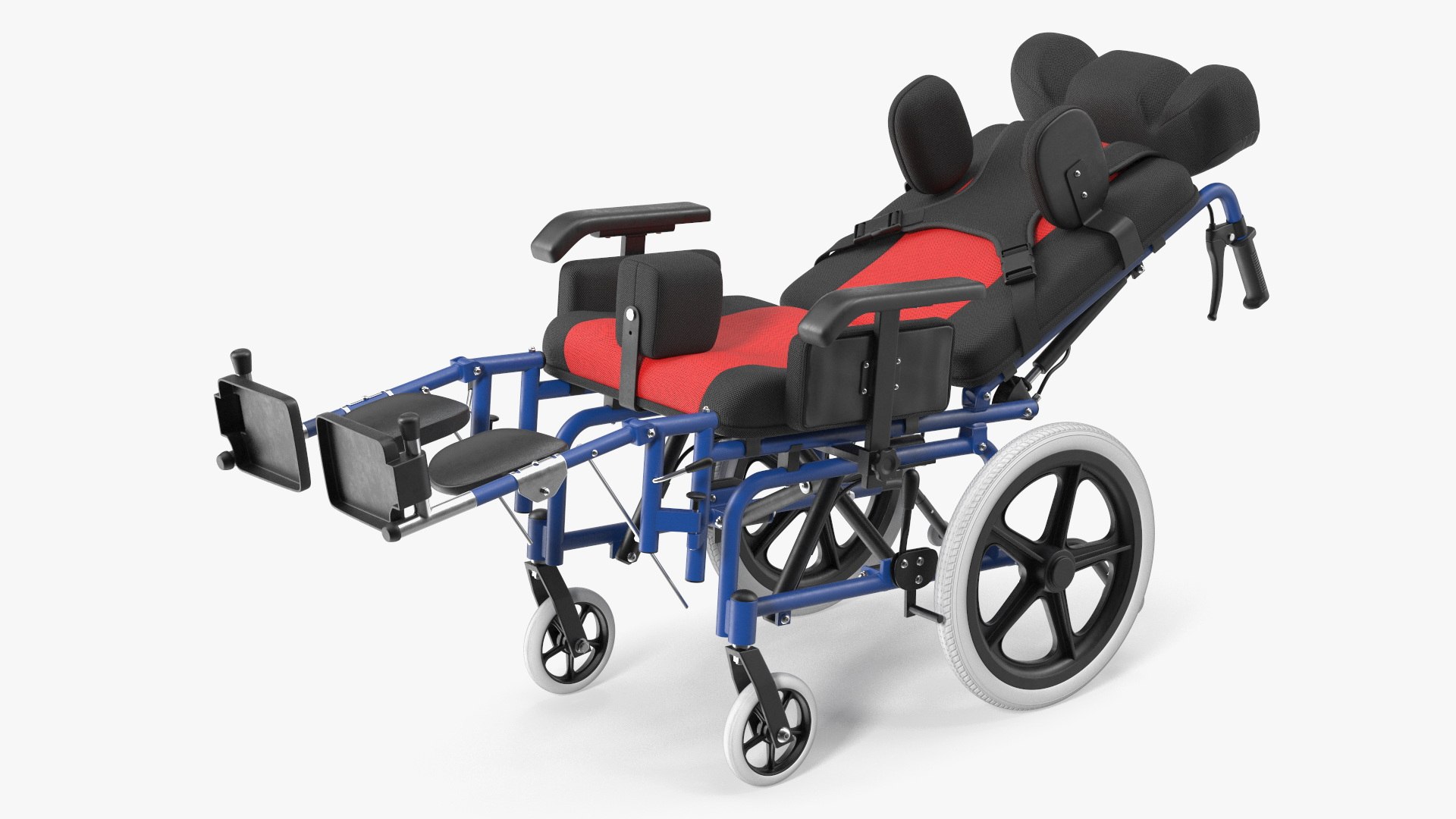 Unfolded Pediatric Cerebral Palsy Wheelchair 3D model for industrial visualization, technical presentation, simulation, product rendering, and animation