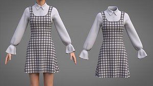 Plaid Pinafore Dress with Ruffle Shirt Uniform Outfit - Two Piece Office Clothing Model 3D model
