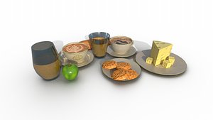 Food set coffee juice biscuits bread cheese apple BR low-poly game ready 3D model