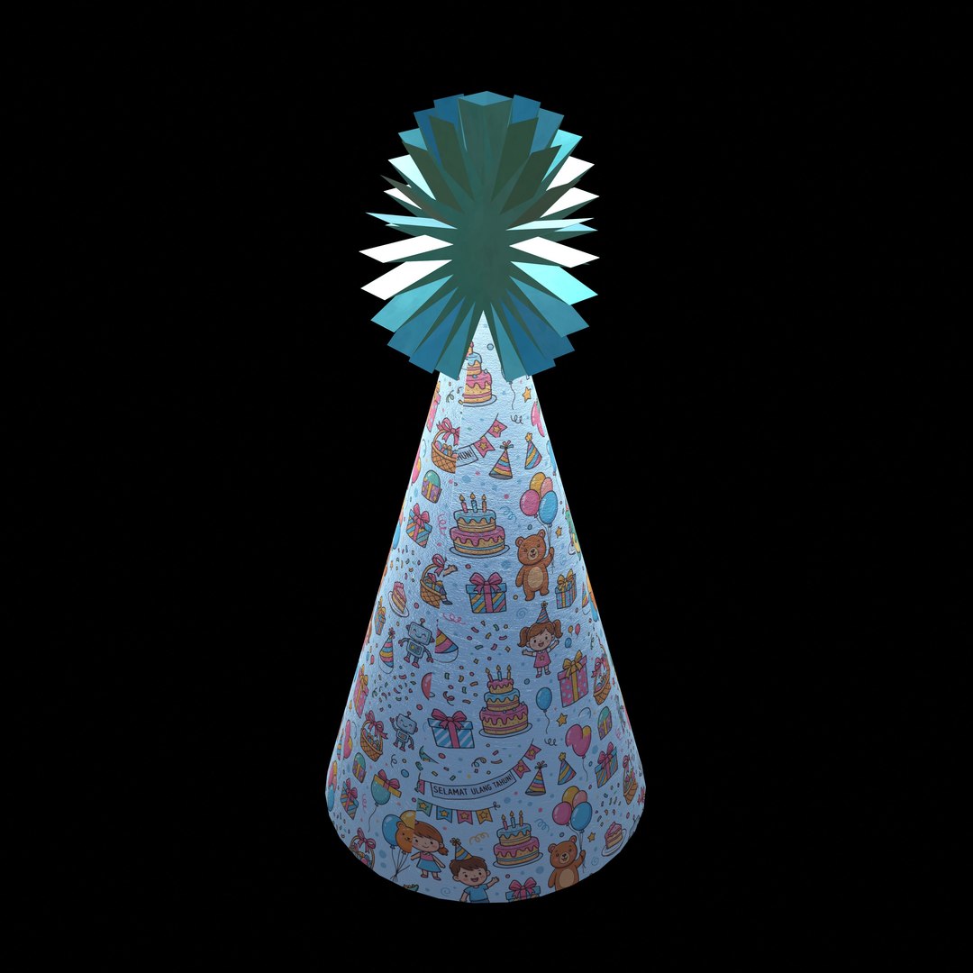 Stylized Cartoon Party Hat with Starburst Top and 4K PBR Textures model https://p.turbosquid.com/ts-thumb/Ki/ykbRhl/4U/ph4_thumb.0030001/jpg/1791681556/1920x1080/fit_q87/124cdaa43d6b0815b54ac12707fbbc92b28dda30/ph4_thumb.0030001.jpg