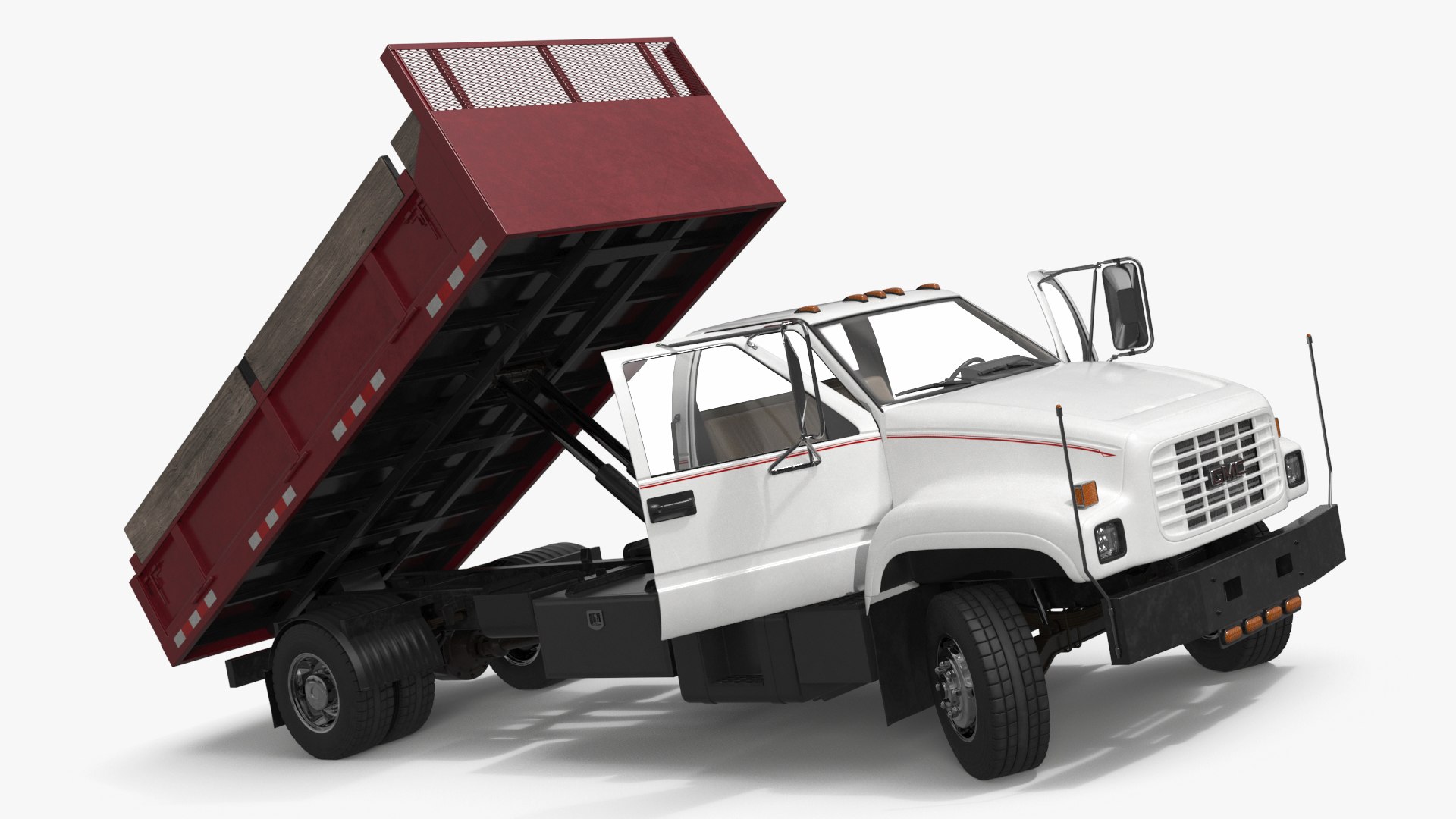 Chevrolet Kodiak C6500 Stake Bed Truck White-Red Rigged 3D model preview