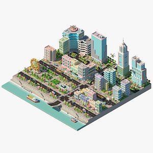3d city river buildings architectural model