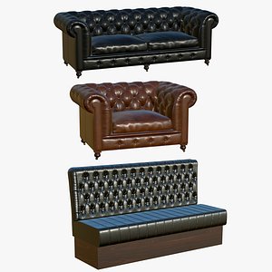 Chesterfield Realistic Leather Sofa Set 3D model
