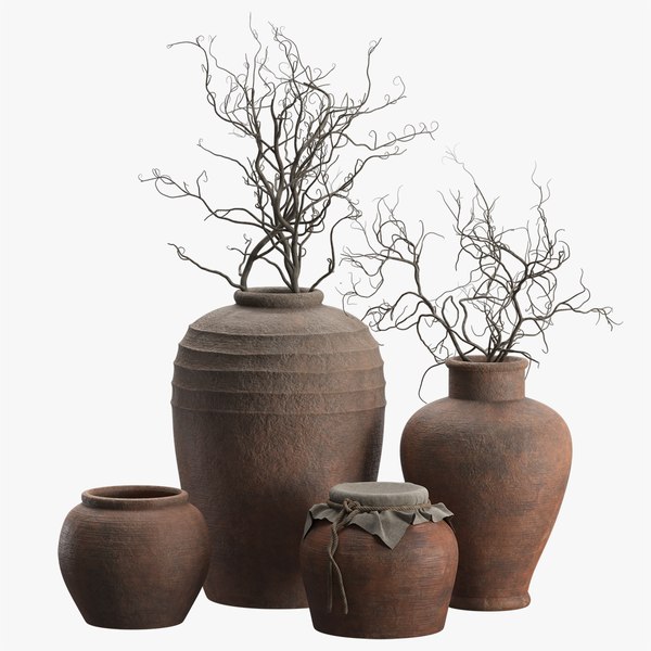 3D model Artisan Rustic Vases with curly branches