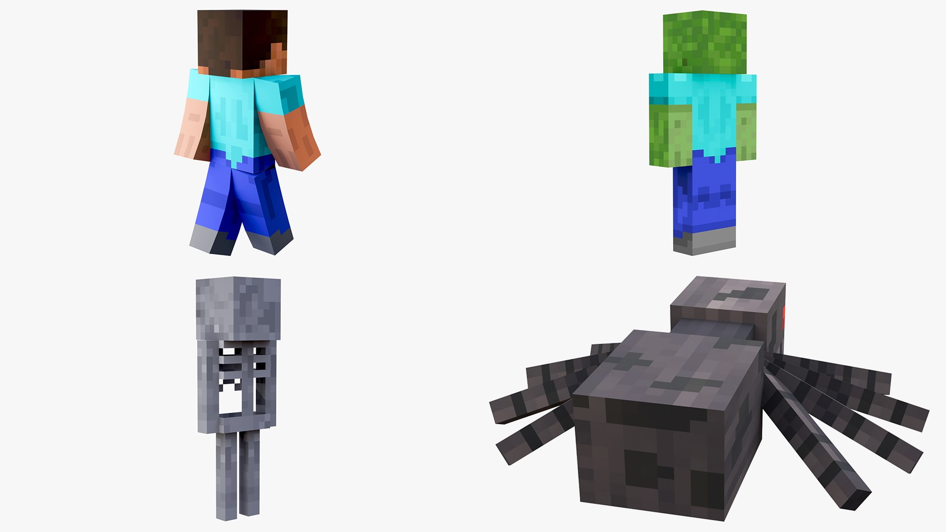 3D model Minecraft Steve Zombie Skeleton Spider Survival Rigged Collection 3D Model Game Ready 4K PBR https://p.turbosquid.com/ts-thumb/Km/MLd78n/9i/stevespiderzombieskeleton5/png/1789041959/1920x1080/fit_q87/8302f3c2d15a502f9b5b64deaacd7ee649e7dc00/stevespiderzombieskeleton5.jpg