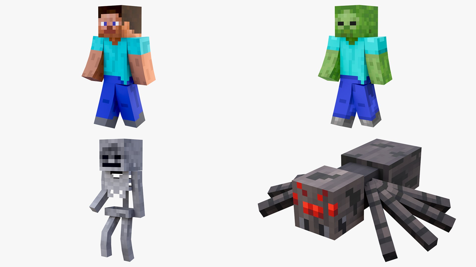 3D model Minecraft Steve Zombie Skeleton Spider Survival Rigged Collection 3D Model Game Ready 4K PBR https://p.turbosquid.com/ts-thumb/Km/MLd78n/De/stevespiderzombieskeleton3/png/1789041957/1920x1080/fit_q87/4ac8bed8319794a0f95bc56cfc0d2c013b526f60/stevespiderzombieskeleton3.jpg