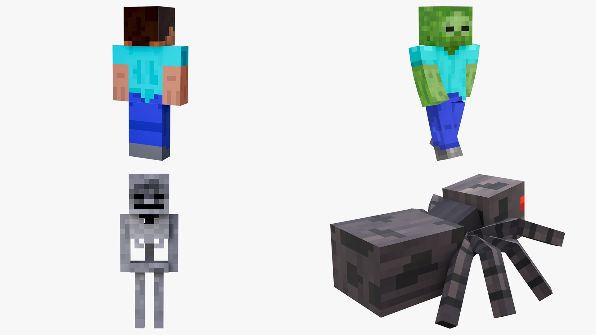 3D model Minecraft Steve Zombie Skeleton Spider Survival Rigged Collection 3D Model Game Ready 4K PBR https://p.turbosquid.com/ts-thumb/Km/MLd78n/TD/stevespiderzombieskeleton6/png/1789041959/1920x1080/fit_q87/ddfdf4d45991cf1762a43f0200b0bfe451125661/stevespiderzombieskeleton6.jpg