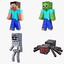 Collection de modèles 3D Minecraft Steve Zombie Skeleton Spider Survival Rigged, prêts pour le jeu en 4K PBR