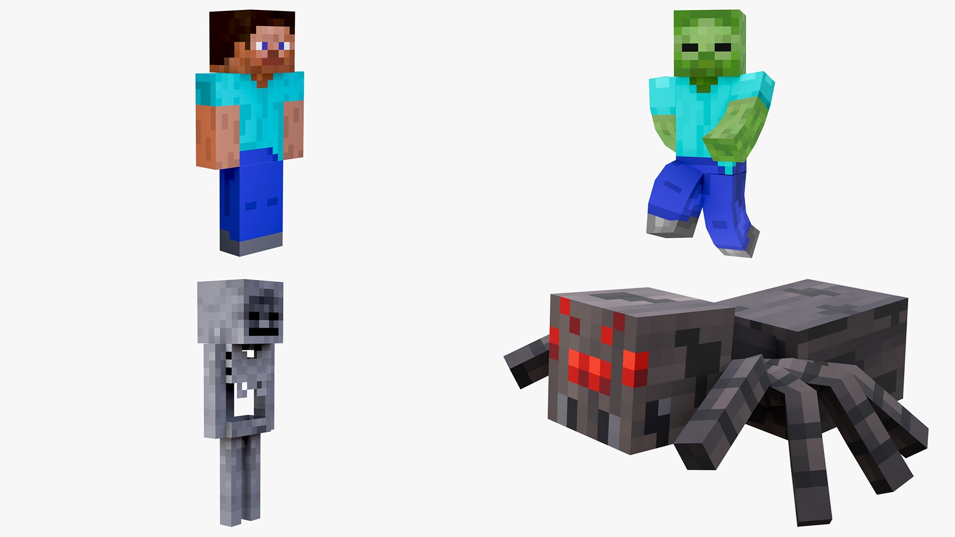 3D model Minecraft Steve Zombie Skeleton Spider Survival Rigged Collection 3D Model Game Ready 4K PBR https://p.turbosquid.com/ts-thumb/Km/MLd78n/uT/stevespiderzombieskeleton1/png/1789041956/1920x1080/fit_q87/98aa4516bb4bd2cc6f9b495bd55d69b00b29deb8/stevespiderzombieskeleton1.jpg