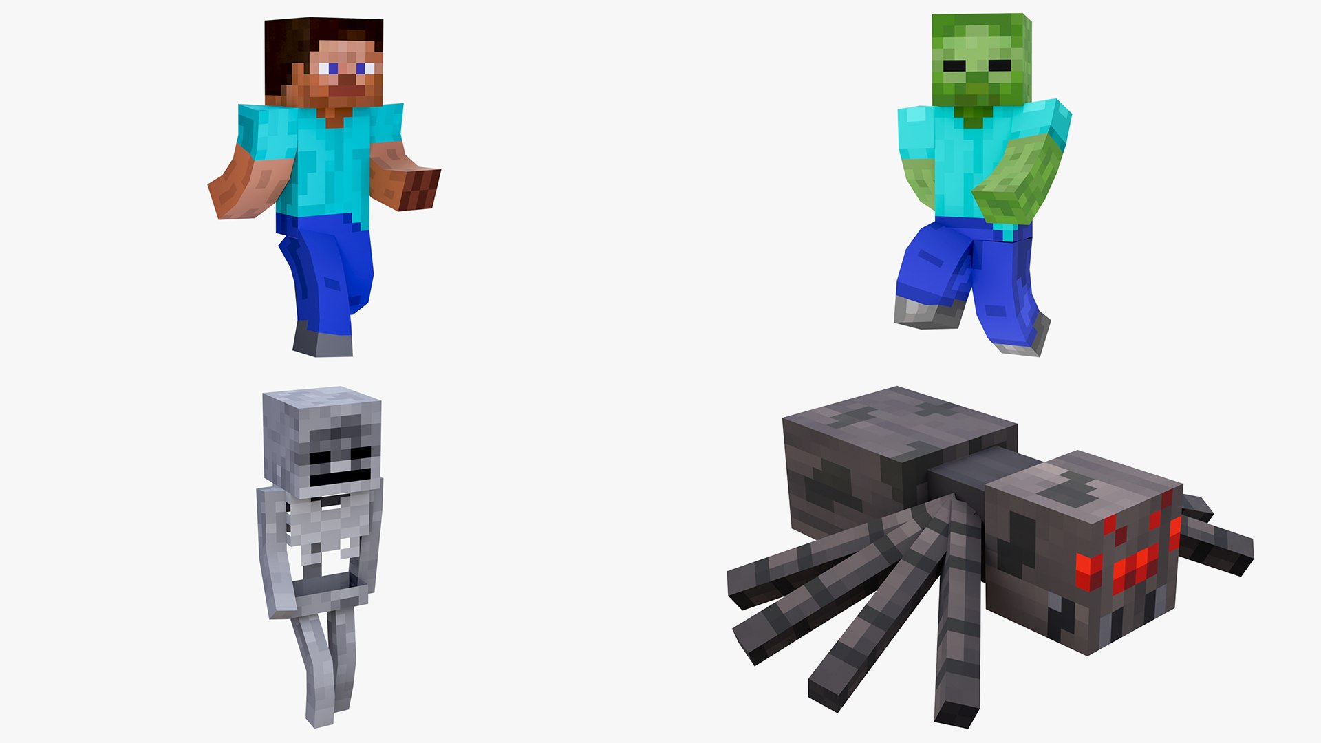 3D model Minecraft Steve Zombie Skeleton Spider Survival Rigged Collection 3D Model Game Ready 4K PBR https://p.turbosquid.com/ts-thumb/Km/MLd78n/xO/stevespiderzombieskeleton4/png/1789041958/1920x1080/fit_q87/a3079aed559e0d070c04f677d38b433abf4a668e/stevespiderzombieskeleton4.jpg