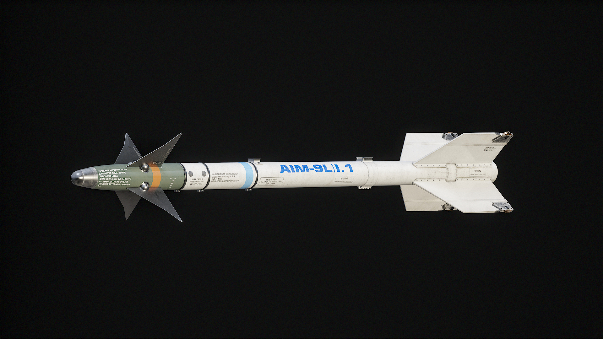 AIM-9L Sidewinder Missile PBR model https://p.turbosquid.com/ts-thumb/Km/nU6l1k/Mt/z00/png/1723383174/1920x1080/turn_fit_q99/e6f681173d01e172a1eeac4d0013e37268f45d11/z00-1.jpg