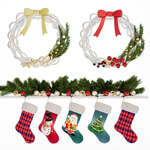 Rattan wreath Christmas decor with stockings socks and branch 3D model
