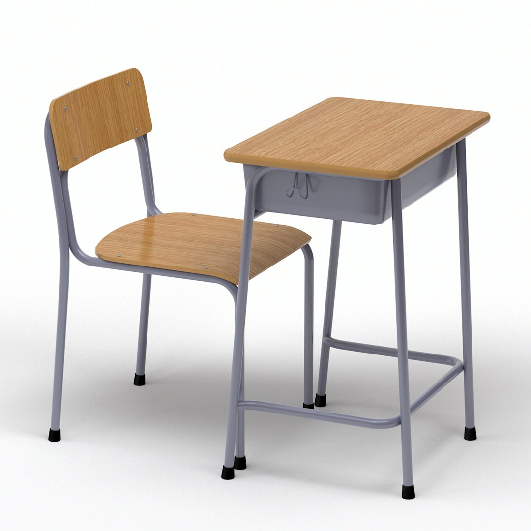 School Desk Chair Wood 3d Model