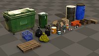 Pack of trash objects boxes bins and bottles