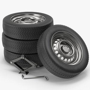 Car Tyres And Car Jack 3D