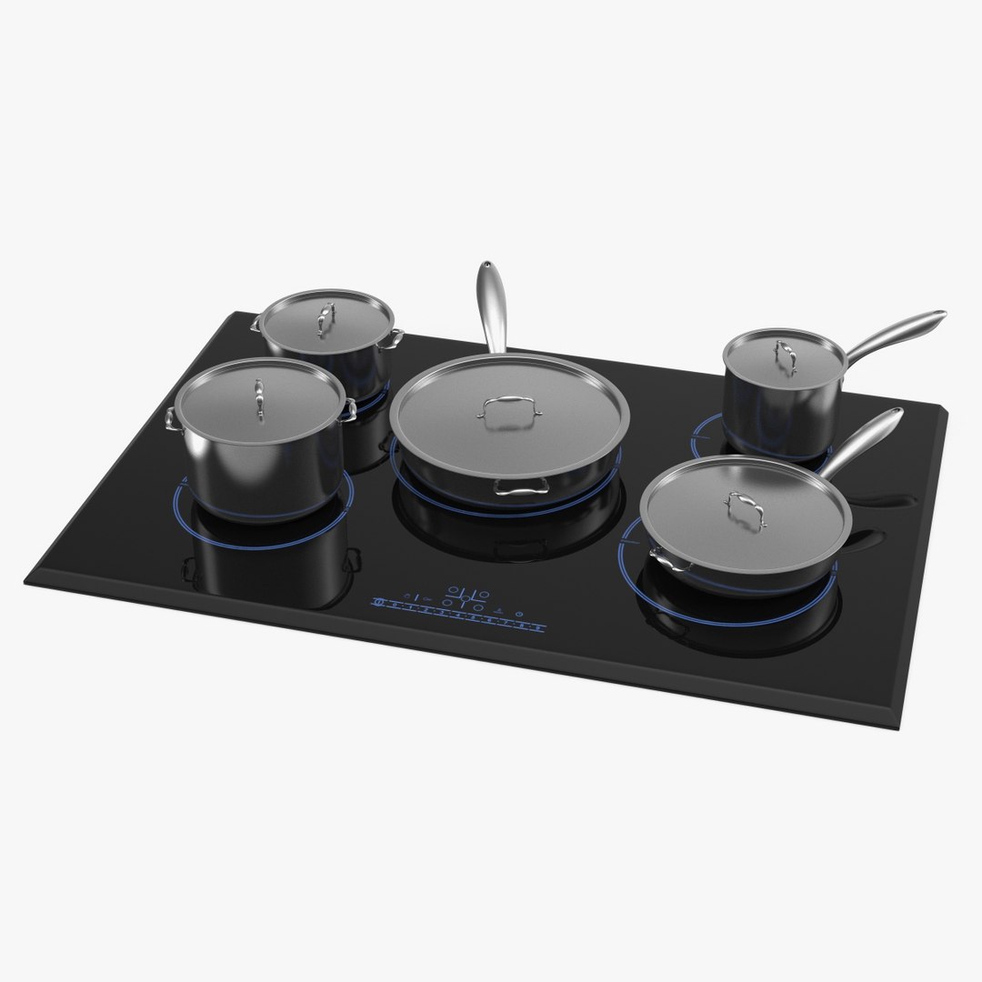 5 Zone Induction Hob with Stainless Tableware 3D Model preview