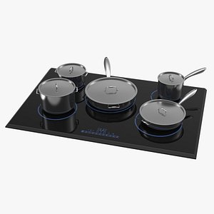 5 Zone Induction Hob with Stainless Tableware 3D Model