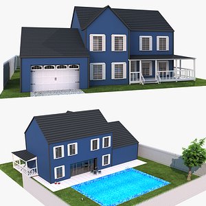 3D House With Pool - Dark Blue model