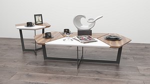 3D Modern Coffee Table Set  Marble Top  Wood Base model