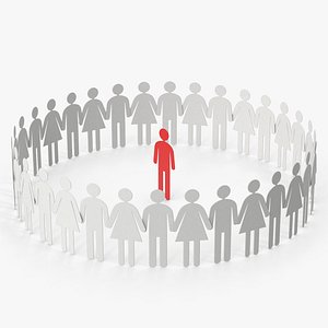 3D Circle Of Paper Figures Surrounding Red Figure model