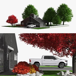 Scene House with Pickup Truck and Garden Exterior Fur