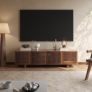 Mid-century Modern Fluted TV Cabinet Living Room 3D Scene