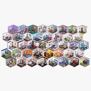 3D Lowpoly Cartoon Rooms Interiors 40 Rooms Collection