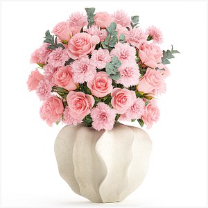 3D model Realistic bouquet pink flowers carnation rose vase decor