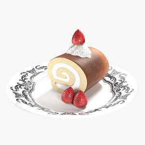 High-Detail Strawberry Swiss Roll Cake with Plate 3D model