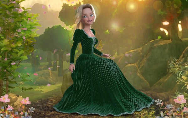 modelo 3d Princesa rubia de dibujos animados sentada en verde
