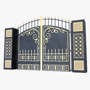 Luxury Wrought Iron Gate with Gold Ornamental Details 3D Model model