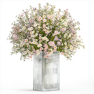 3D Bouquet of white wildflowers chamomile daisies vase 435