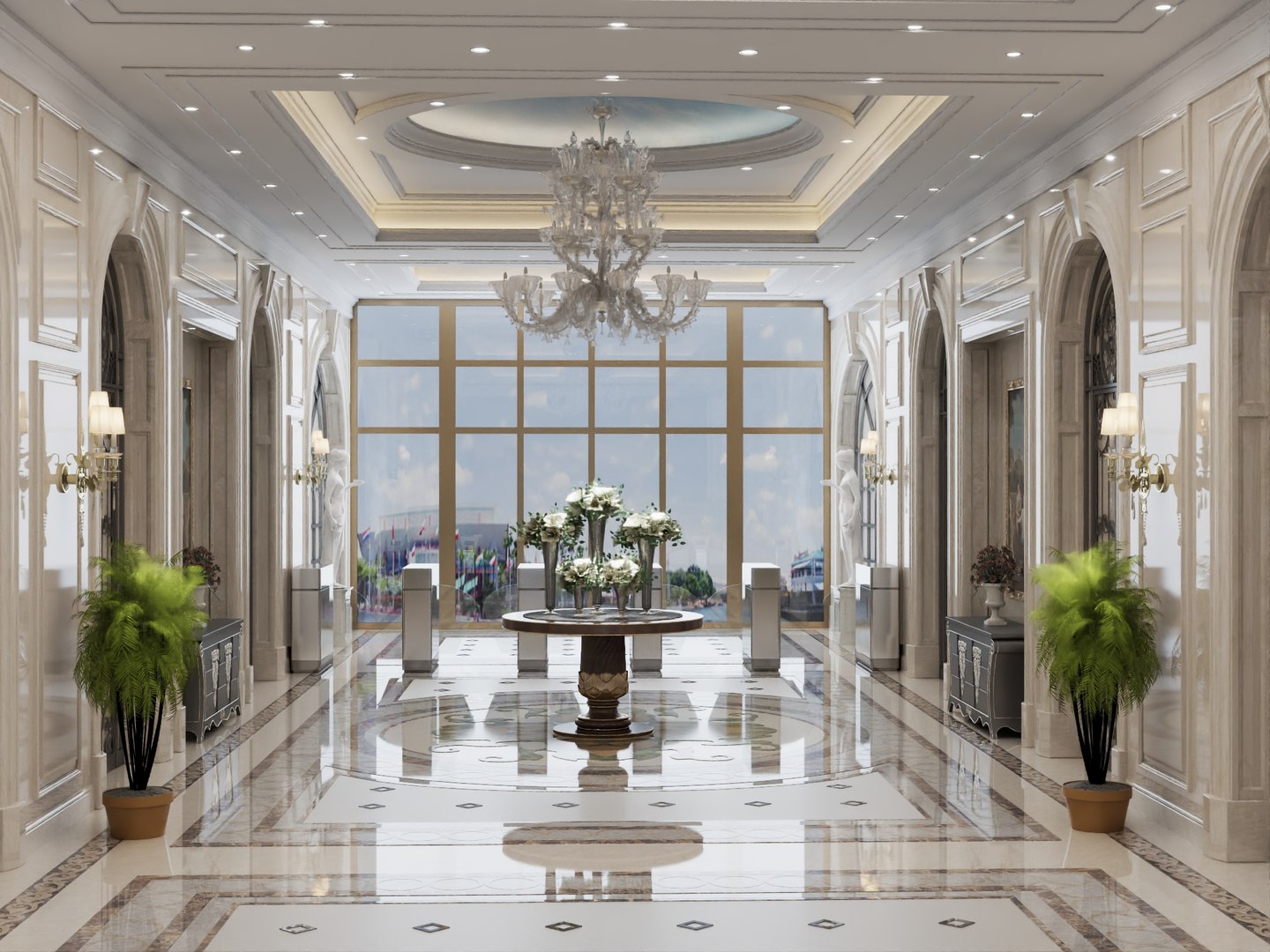 Luxury Palace Hallway With Marble Floor Chandelier 3D Model ...