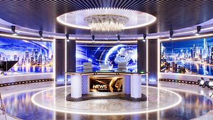 News TV Studio - Modular Broadcast Set with Curved LED Walls Anchor Desk for VP