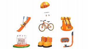 3D Cartoon ui ICONS Bike skis climbing diving goggles Climbing bag parachute model