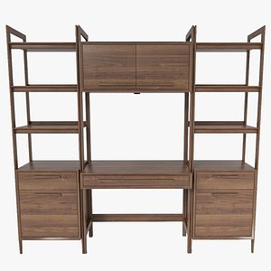 3D Tate Walnut Bookcase Desk with two Bookcase File Cabinets model