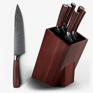 Damascus Steel Japanese Knives Set 3D model