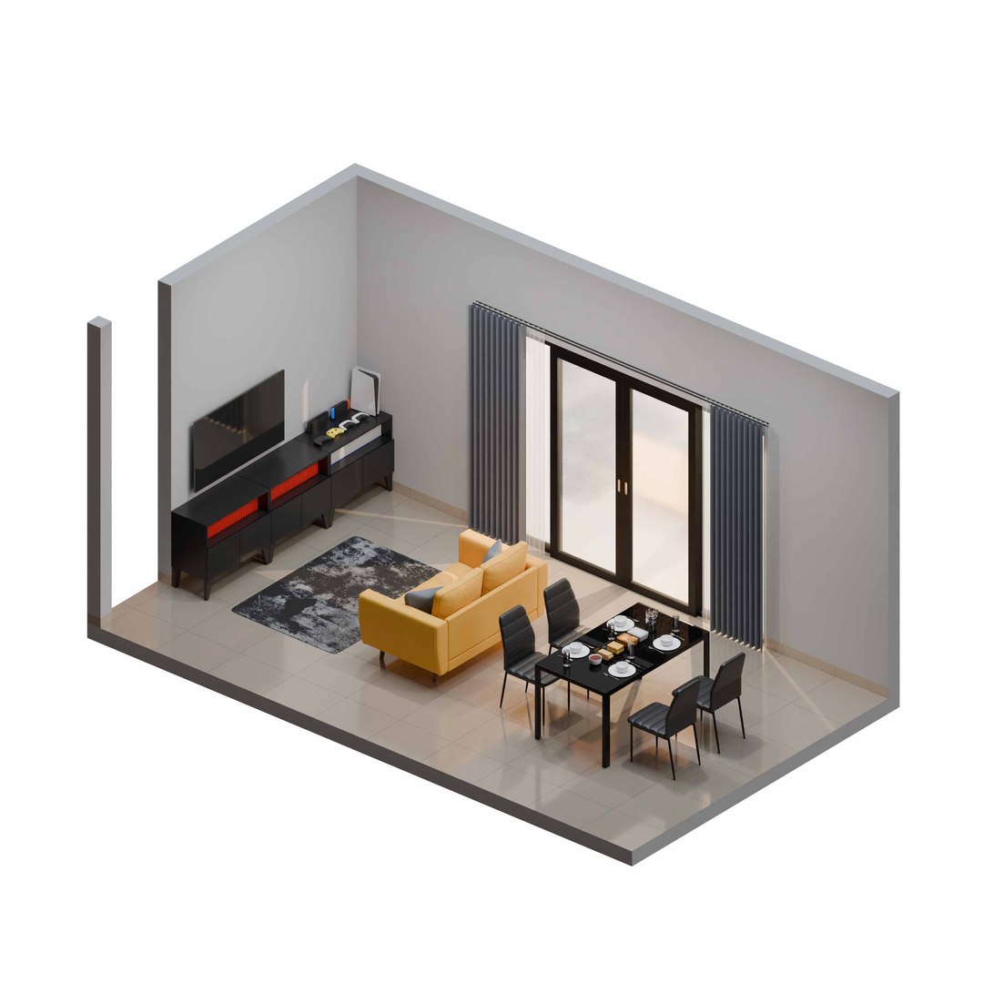 Isometric Living Dining Room With Yellow Sofa And Black Furniture 3D ...