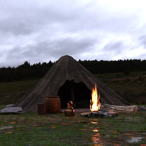 Cozy Leather Tent with Campfire Amidst Majestic Mountains model