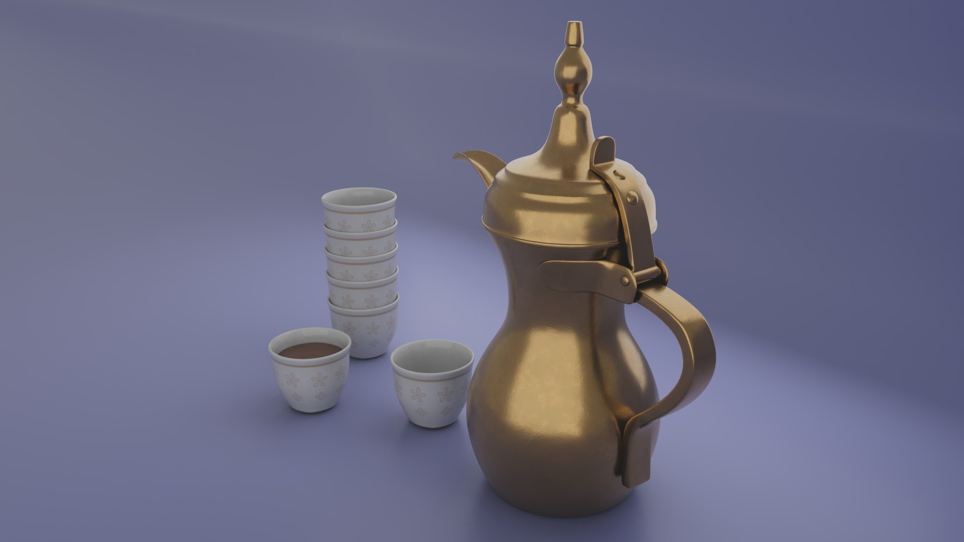Dallah Golden Arabic Coffee Pot And Finjan Cups 3D Model - TurboSquid ...