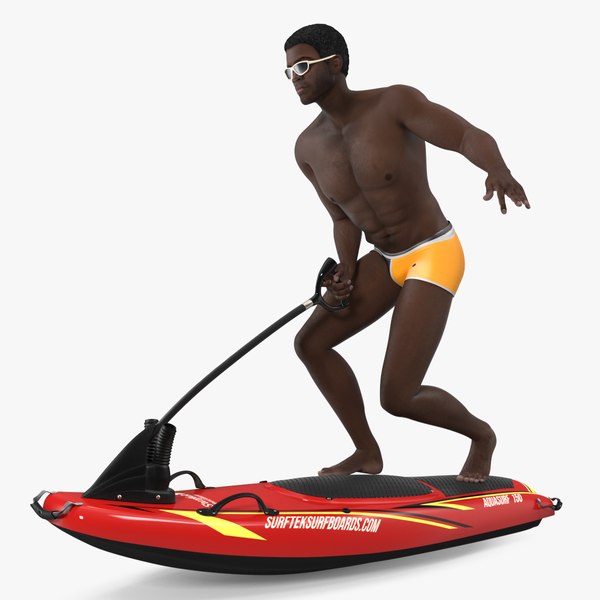 3D Afro American Man with Surftek Aquasurf Jet Surfboard Rigged
