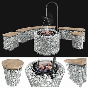 3D gabion fireplace bench