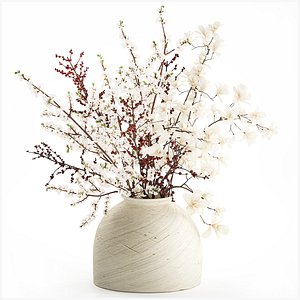 Bouquet white flowers magnolia Ilex holly cherry vase 659 3D model