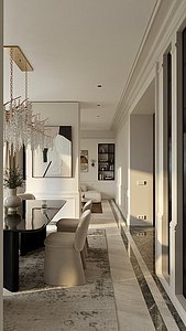 Interior designed scene with living room kitchen and dining area model