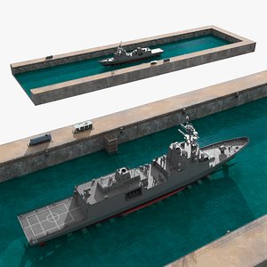 Concrete Naval Dry Dock with Warship Grey