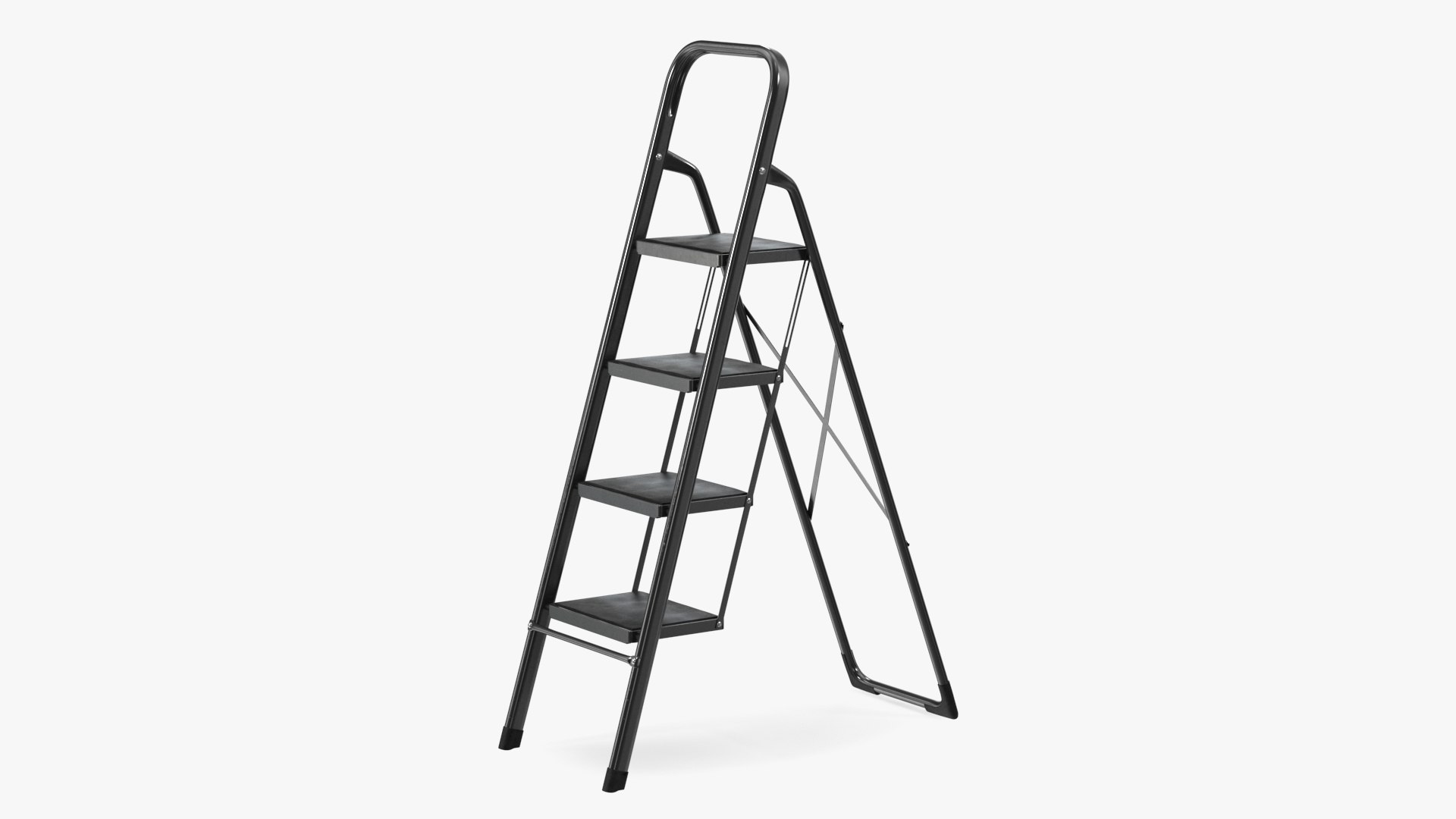 Black Folding Ladder with 4 Wide Anti Slip Pedals Rigged 3D model preview