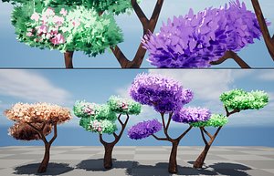 3D colorful and flowering stylized trees