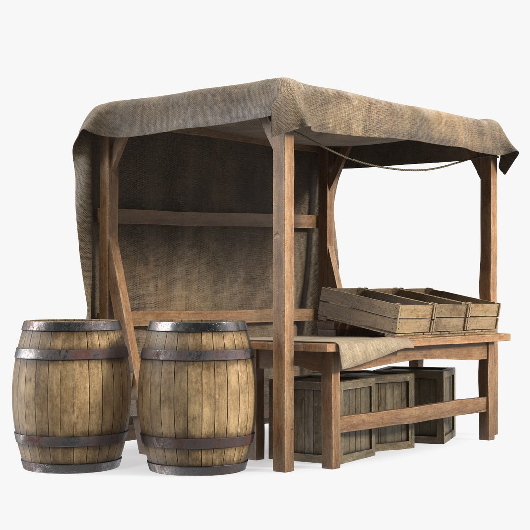 Medieval Market Stand with Barrels 3D model preview
