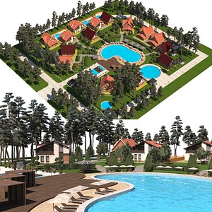3D Modern Woodland Resort with Multiple Pools 3D Model model