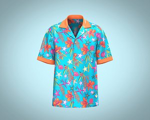 Mens resort shirt with all over floral print with vibrant colors model